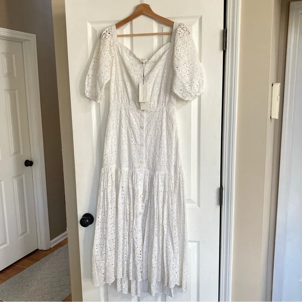 NEW Veronica Beard White Cali Eyelet Off the Shoulder Cotton Maxi Dress, Size 4 - Picture 5 of 11